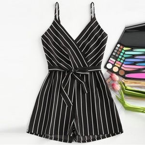 Striped Female Rompers Bow Belt V-Neck short Wide